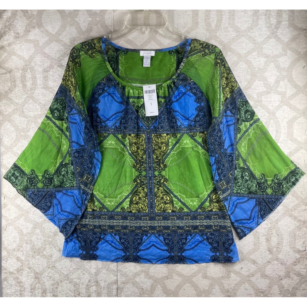 Chico's Summer Scarf Marilyn Top Womens 1 M Green Blue Rhinestone 3/4 Sleeve NWT